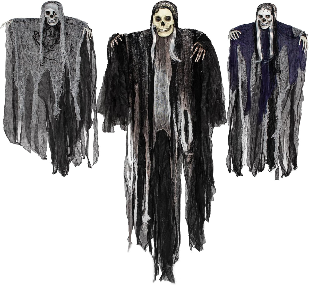 3 Pack Hanging Halloween Skeleton Ghosts Decorations, Grim Reapers for Halloween Outdoor Decorations