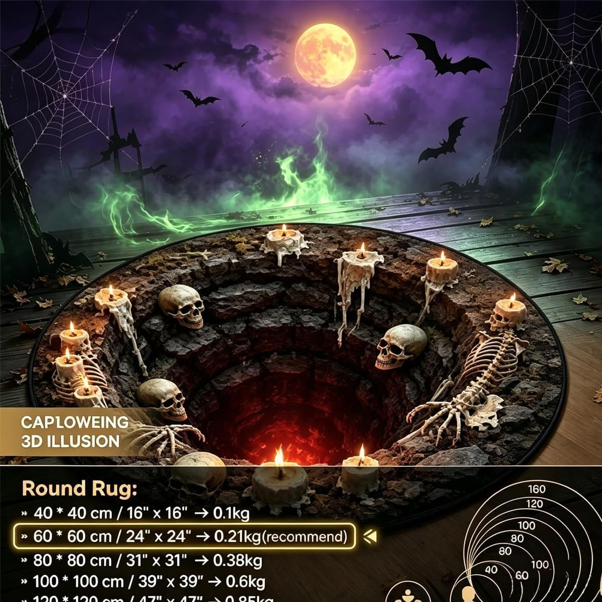 3D Skeleton Area Rug, 60 cm Diameter - Spooky Halloween Home Decor