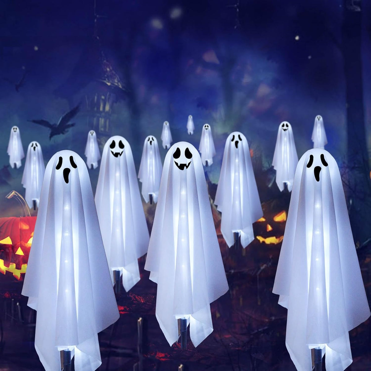 Set of 6 Solar Ghost Stake Lights, Halloween Decorations Outdoor, Scary Spooky Garden Patio Grave Lawn Porch Pathway Lights for outside Yard Trick or Treat Halloween Party Decor Cool White