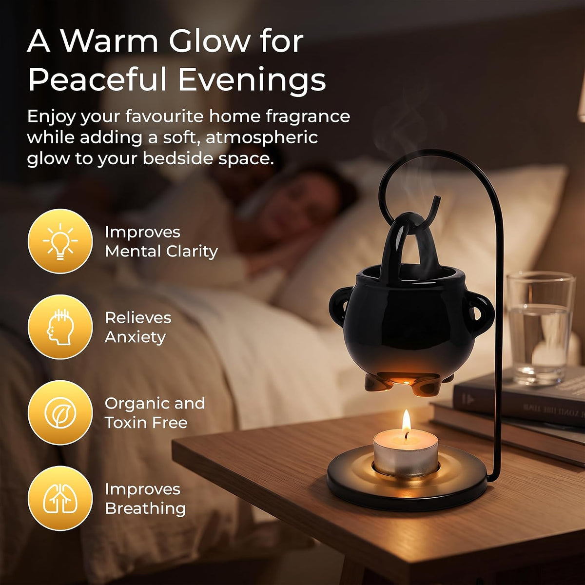 Cauldron Wax Melt Burner with Tealight Candle, Warming Stand, Decorative Hanging Living Room Home Decor and Aromatherapy, Spooky Halloween Black Warmer Pot