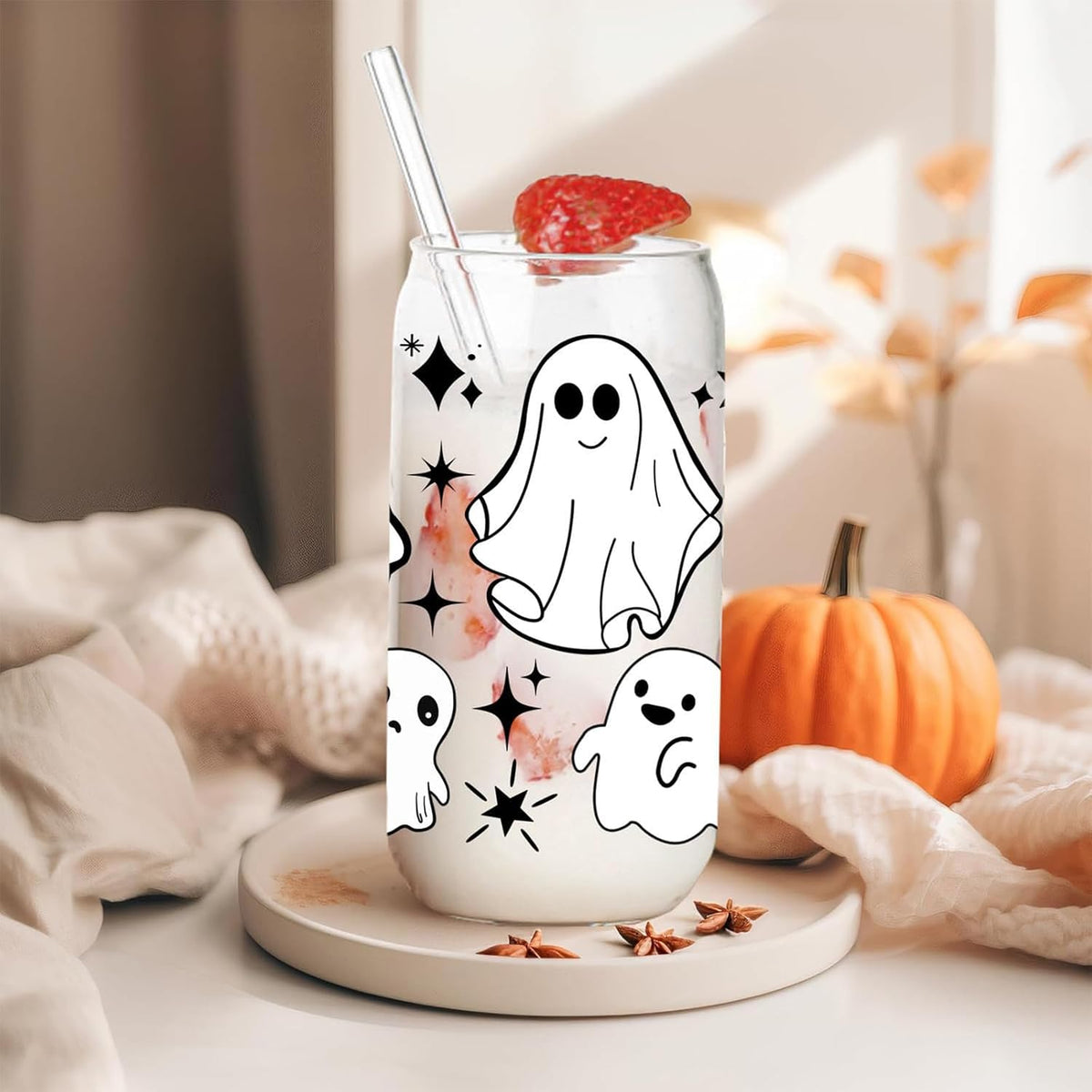 Halloween Glass Tumbler with Straw and Lid, Pumpkin Ghost Design (Style B)