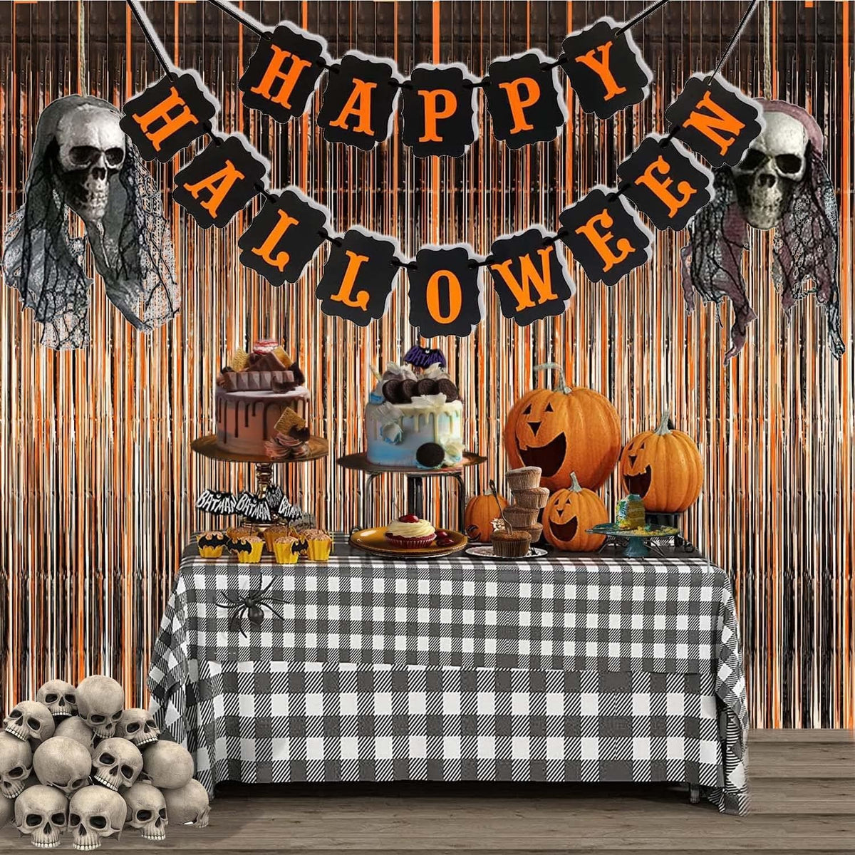 Halloween Party Decorations Black Orange Foil Fringe Curtain - 2PCS 3.3 X 8.2 Ft Metallic Tinsel Curtains Photo Booth Backdrop, Room Decor for Halloween Pumpkin Costumes Family Party