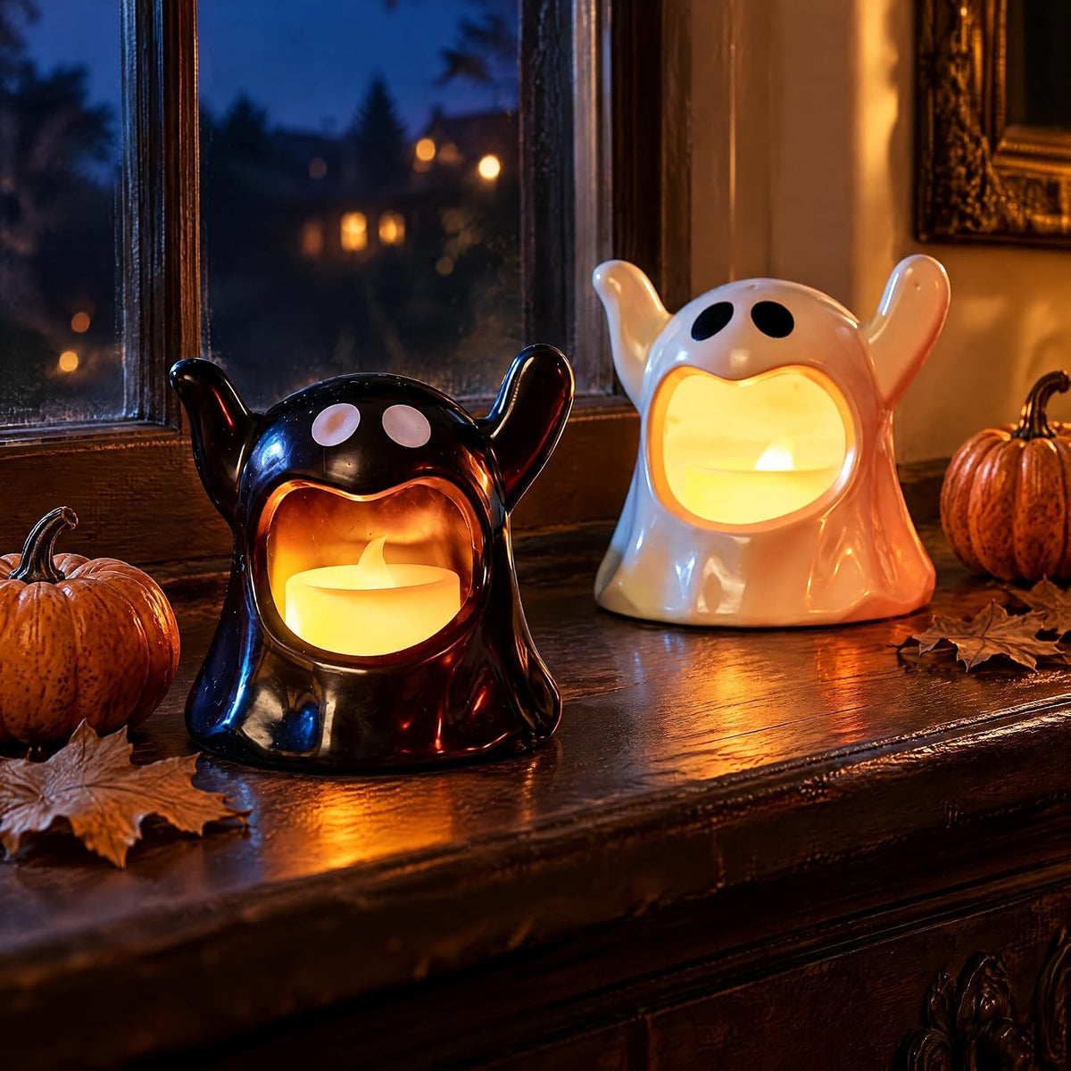 Set of 2 Battery-Operated Black and White Halloween Ghost Candle Holders for Table Decoration