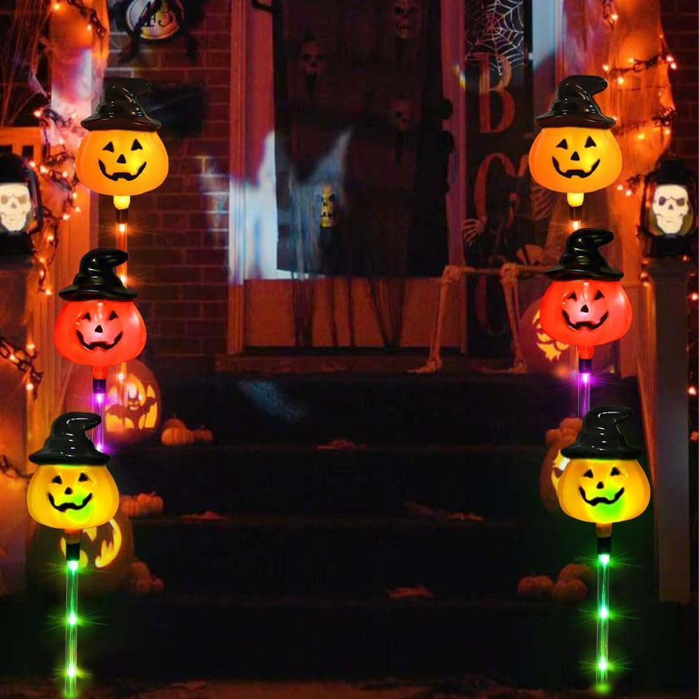 Set of 6 Halloween Pumpkin Stake Lights Halloween Outdoor Yard Decorations