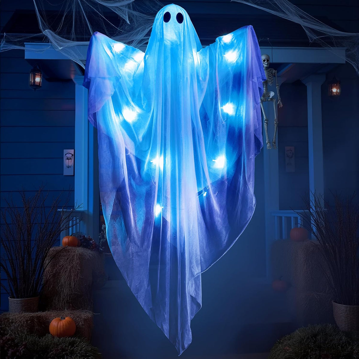 Halloween Hanging Light up Ghost with Spooky Blue LED Light, 47” White Hanging Ghosts, Best Halloween Hanging Decoration for Front Yard Patio Lawn Garden Party Decor Indoor Outdoor