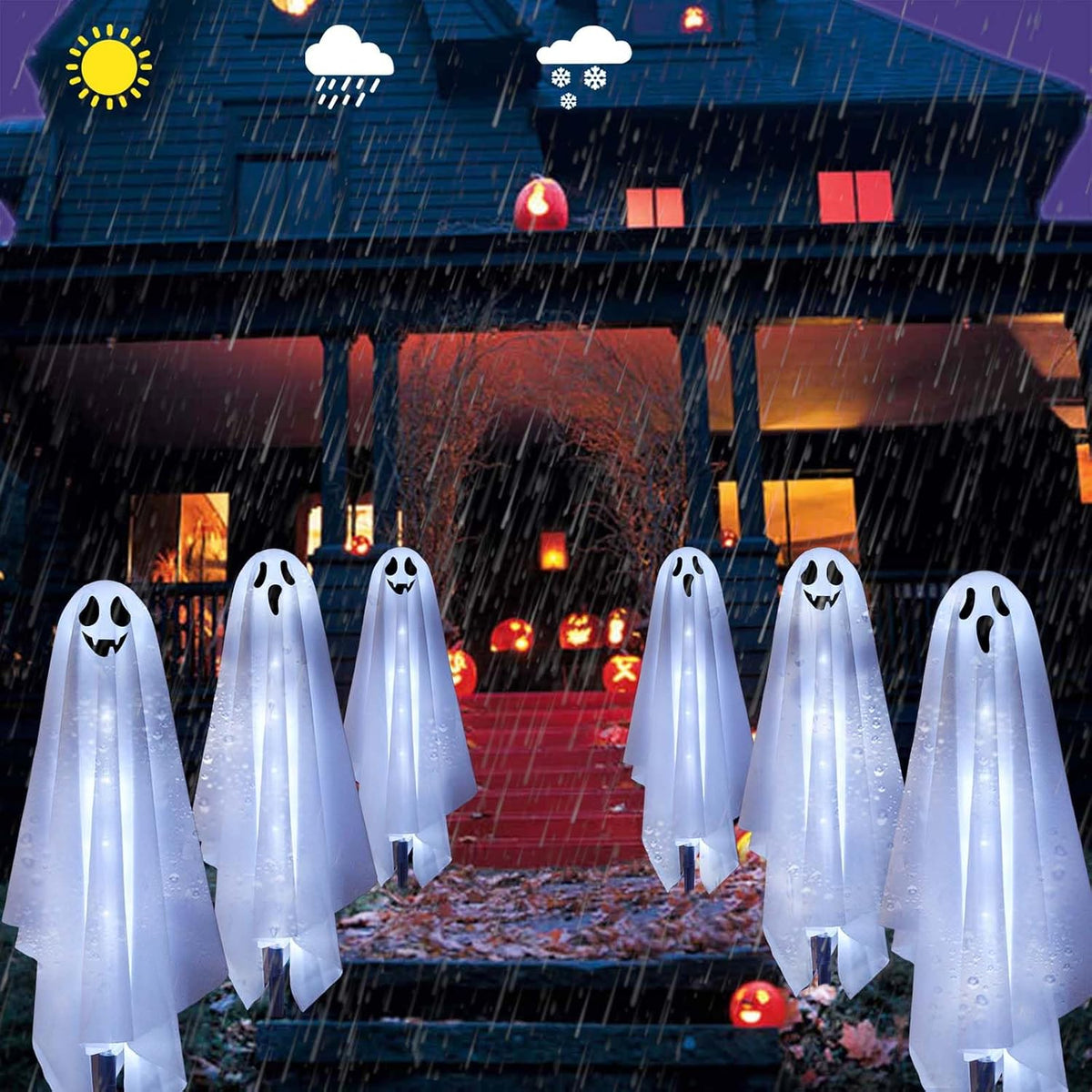 Set of 6 Solar Ghost Stake Lights, Halloween Decorations Outdoor, Scary Spooky Garden Patio Grave Lawn Porch Pathway Lights for outside Yard Trick or Treat Halloween Party Decor Cool White