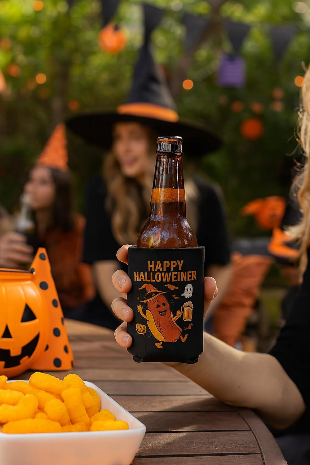 Happy Halloweiner Neoprene Can Cooler – Humorous Halloween Beverage Sleeve, Double-Sided Insulator for 12Oz Drinks, Ideal for Parties, College Events, BBQs, and Seasonal Decor