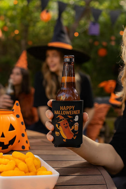 Happy Halloweiner Neoprene Can Cooler – Humorous Halloween Beverage Sleeve, Double-Sided Insulator for 12Oz Drinks, Ideal for Parties, College Events, BBQs, and Seasonal Decor