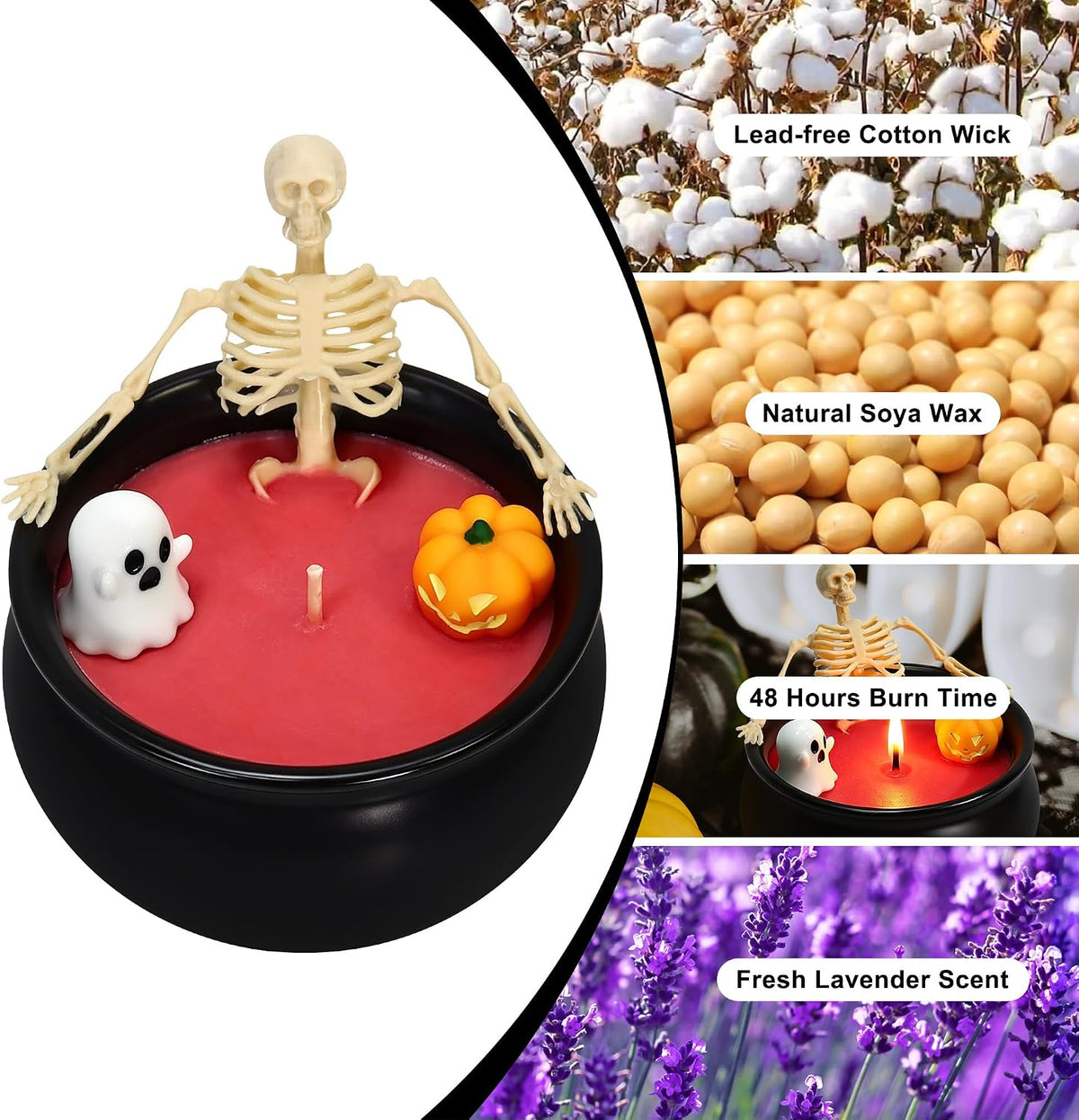 Lavender Scented Skeleton Candle - 260g Soy Wax, 48-Hour Burn Time, Gothic Skull Design for Halloween Decor and Gifts (Red)
