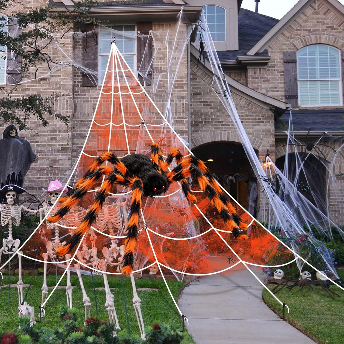 Halloween Decorations Spider Web, 50'' Giant Spider + 200'' Triangular Giant Spider Web and 20G Spider Web, Halloween Spider for Indoor Outdoor Scary Haunted House Spider Web Party Halloween Yard