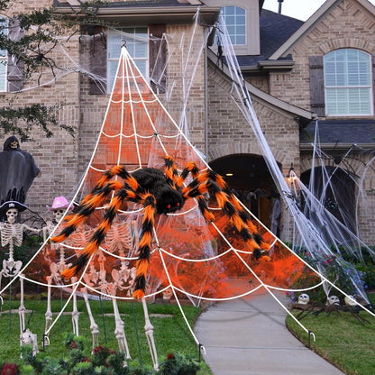 Halloween Decorations Spider Web, 50'' Giant Spider + 200'' Triangular Giant Spider Web and 20G Spider Web, Halloween Spider for Indoor Outdoor Scary Haunted House Spider Web Party Halloween Yard