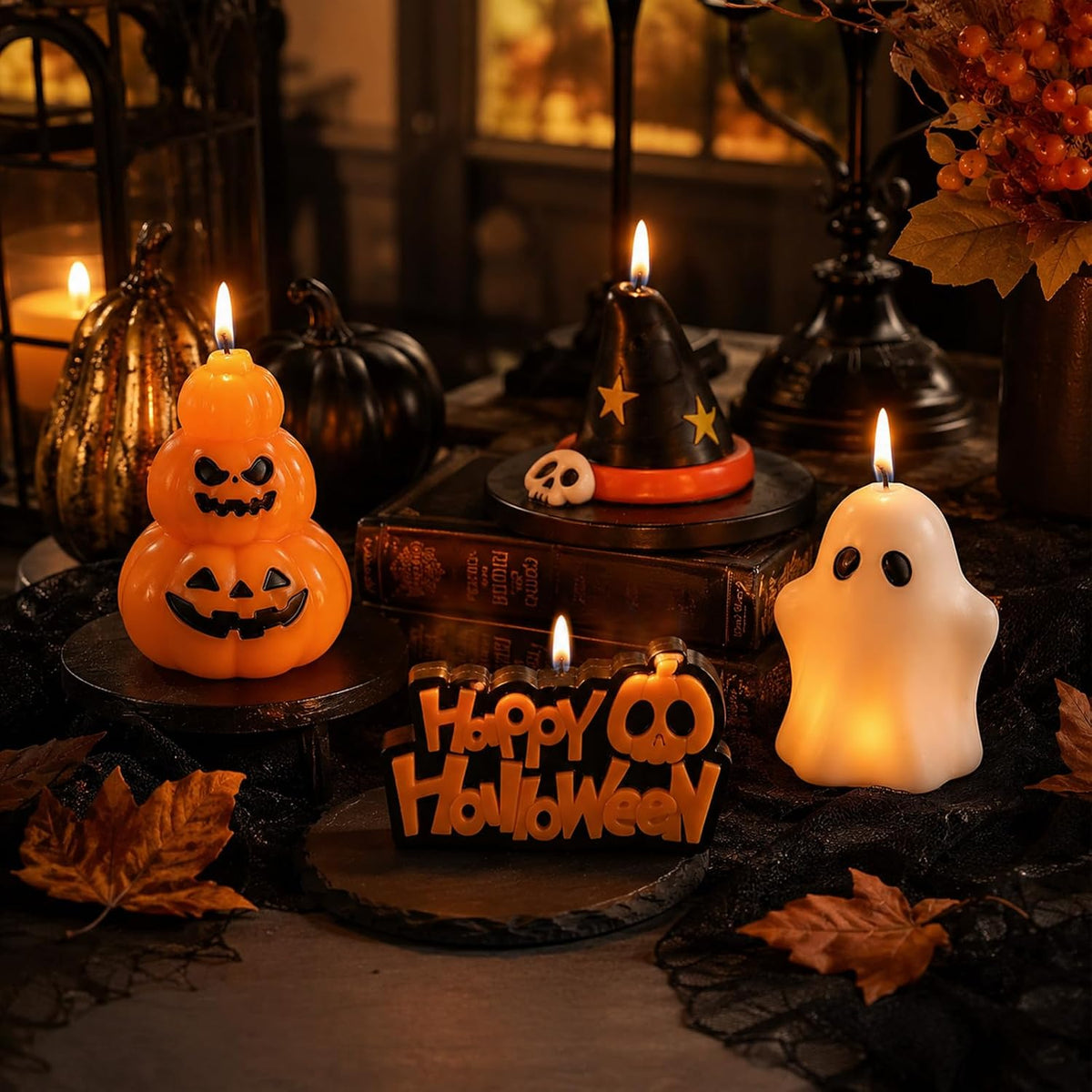 4 PCS Fall Pumpkin Candle Halloween Ghost Candles with Gift Box