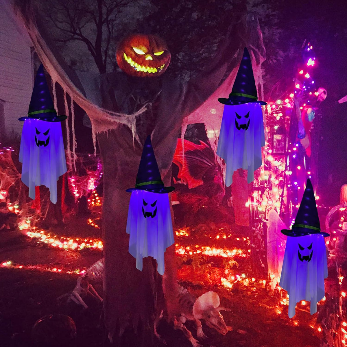 Halloween Decorations  Hanging Ghost Lighted Flying Ghost Grim Reaper Skull Chains Glowing Ghost White Ghost Wizard Hat for Garden Yard Halloween Party Tree Door Lawn Party Supplies