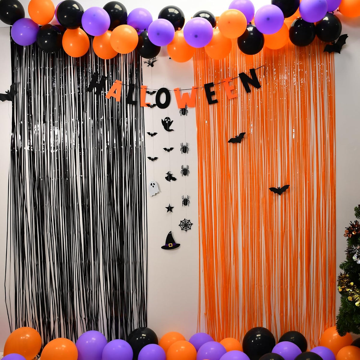 Halloween Party Decorations Black Orange Foil Fringe Curtain - 2PCS 3.3 X 8.2 Ft Metallic Tinsel Curtains Photo Booth Backdrop, Room Decor for Halloween Pumpkin Costumes Family Party