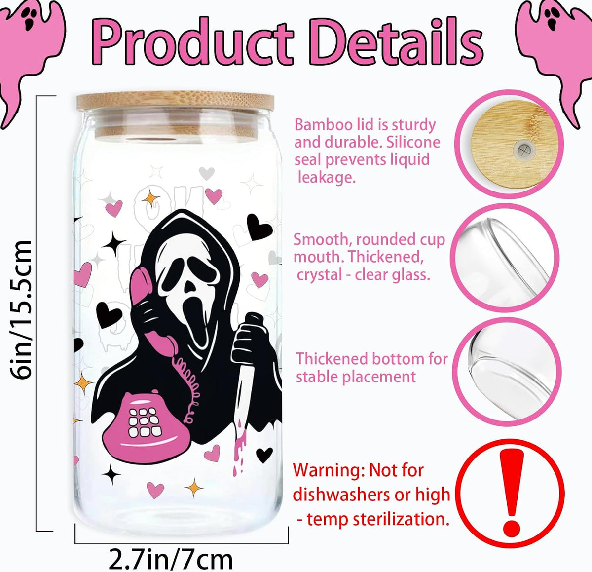 Halloween Mug Ghostface, Horror Ghost Mask Glass Cups with Lids and Straws Halloween Boo Gifts Cup Ghost Coffee Matcha Glass, Gift for Women Friends Men Gifts