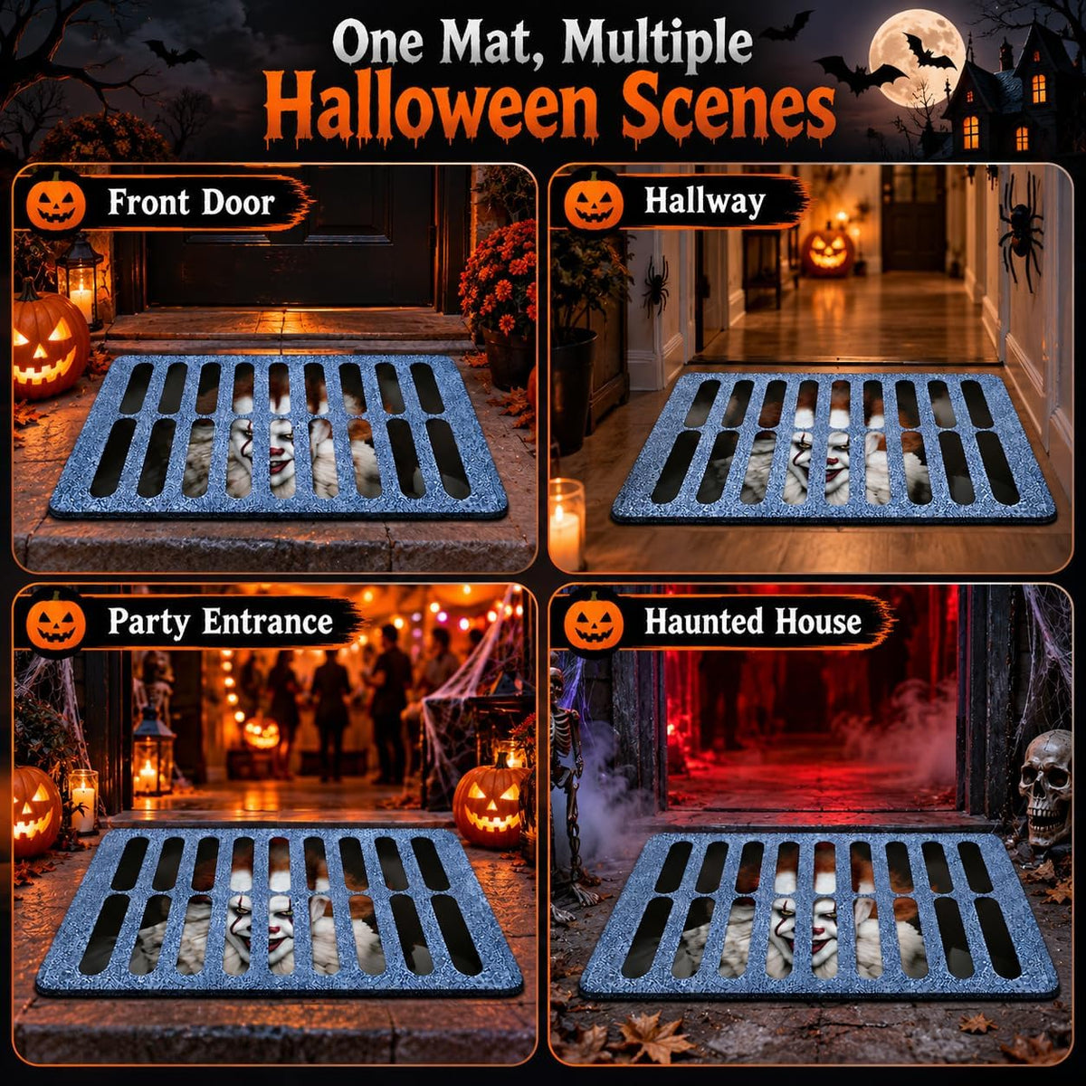 Halloween Door Mat, 60X40Cm Creepy Clown Sewer Grate Rug, Non-Slip Backing