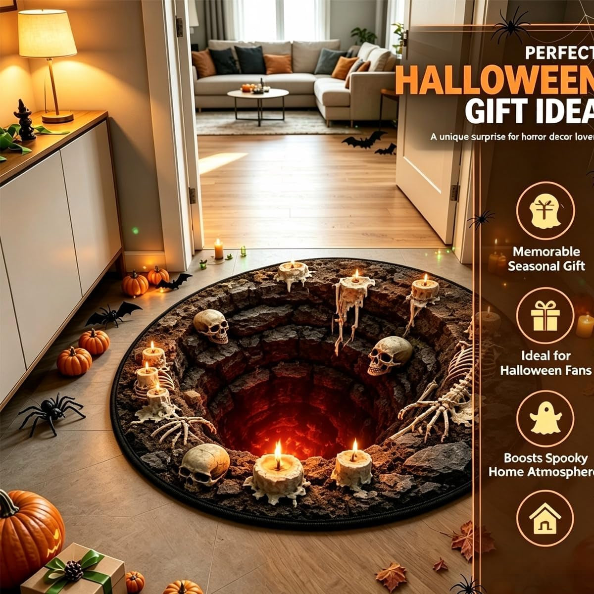 3D Skeleton Area Rug, 60 cm Diameter - Spooky Halloween Home Decor