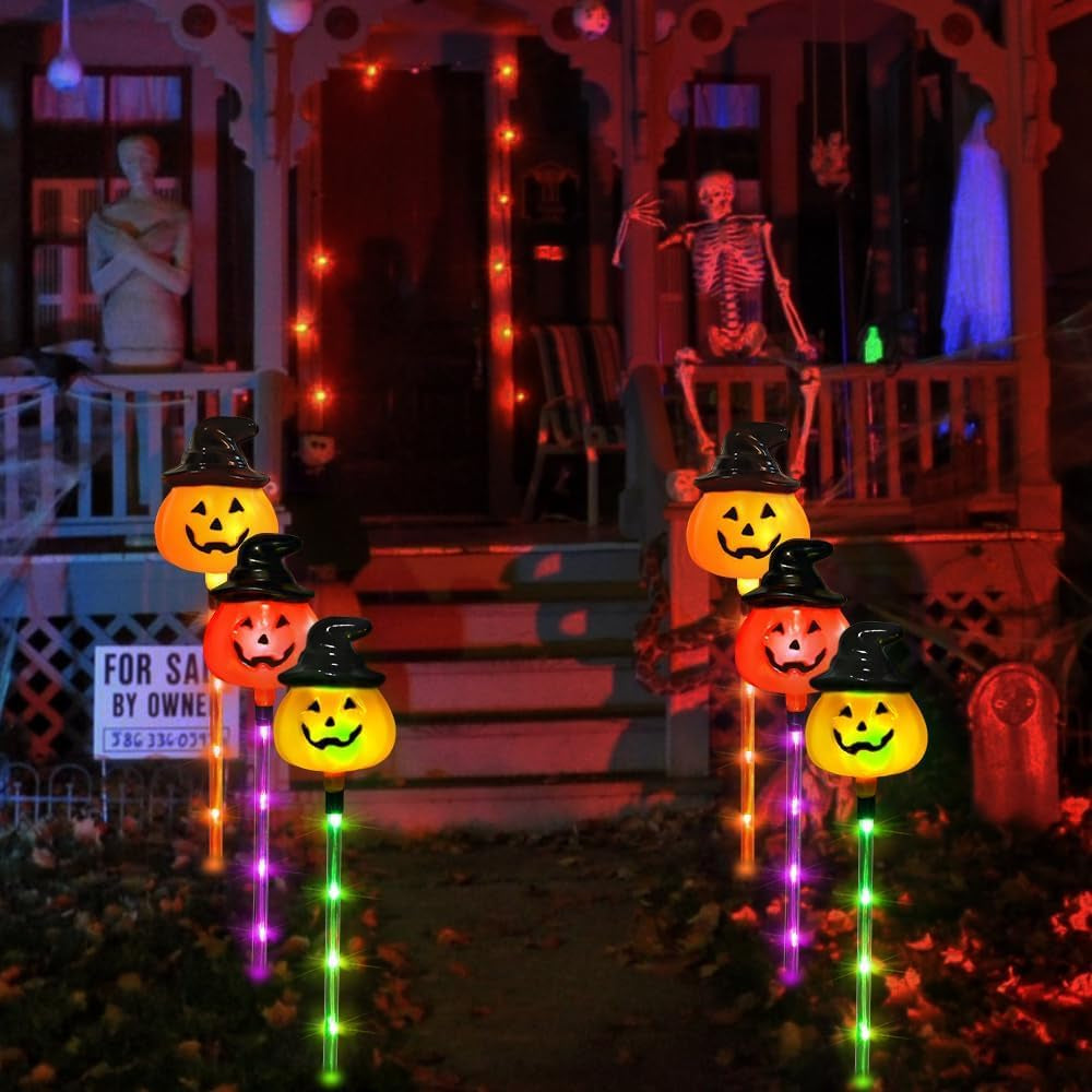 Set of 6 Halloween Pumpkin Stake Lights Halloween Outdoor Yard Decorations