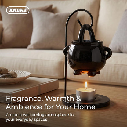 Cauldron Wax Melt Burner with Tealight Candle, Warming Stand, Decorative Hanging Living Room Home Decor and Aromatherapy, Spooky Halloween Black Warmer Pot