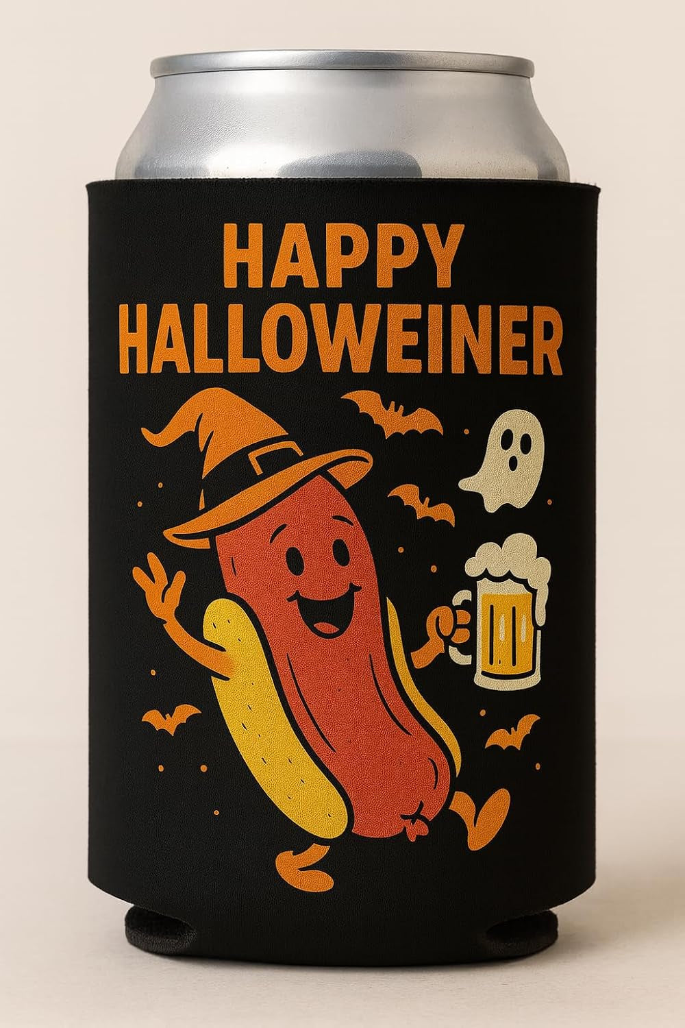 Happy Halloweiner Neoprene Can Cooler – Humorous Halloween Beverage Sleeve, Double-Sided Insulator for 12Oz Drinks, Ideal for Parties, College Events, BBQs, and Seasonal Decor