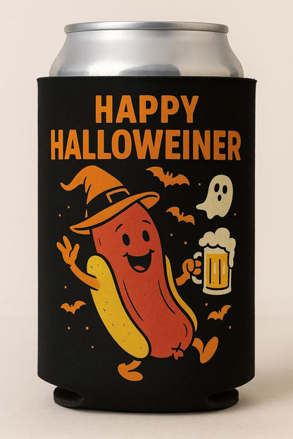 Happy Halloweiner Neoprene Can Cooler – Humorous Halloween Beverage Sleeve, Double-Sided Insulator for 12Oz Drinks, Ideal for Parties, College Events, BBQs, and Seasonal Decor