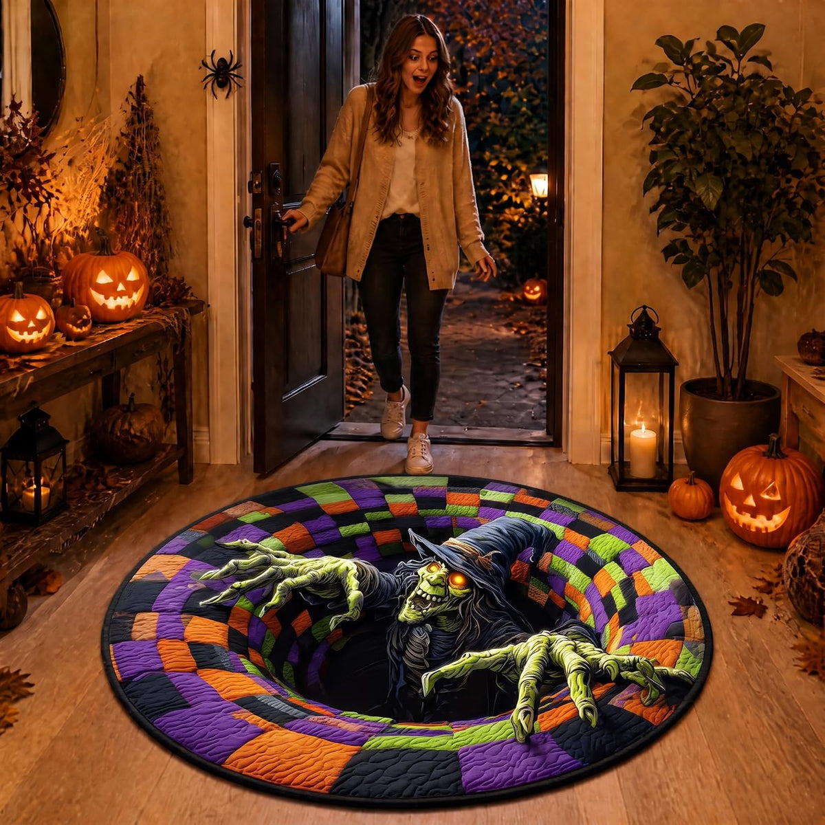 Halloween 3D Rug, 3Doptical Illusion Skeleton Abyss round Area Rug, Spooky Indoor Floor Mat for Living Room Bedroom Entryway and Halloween Party Decor (80 * 80Cm) (Rug-20)