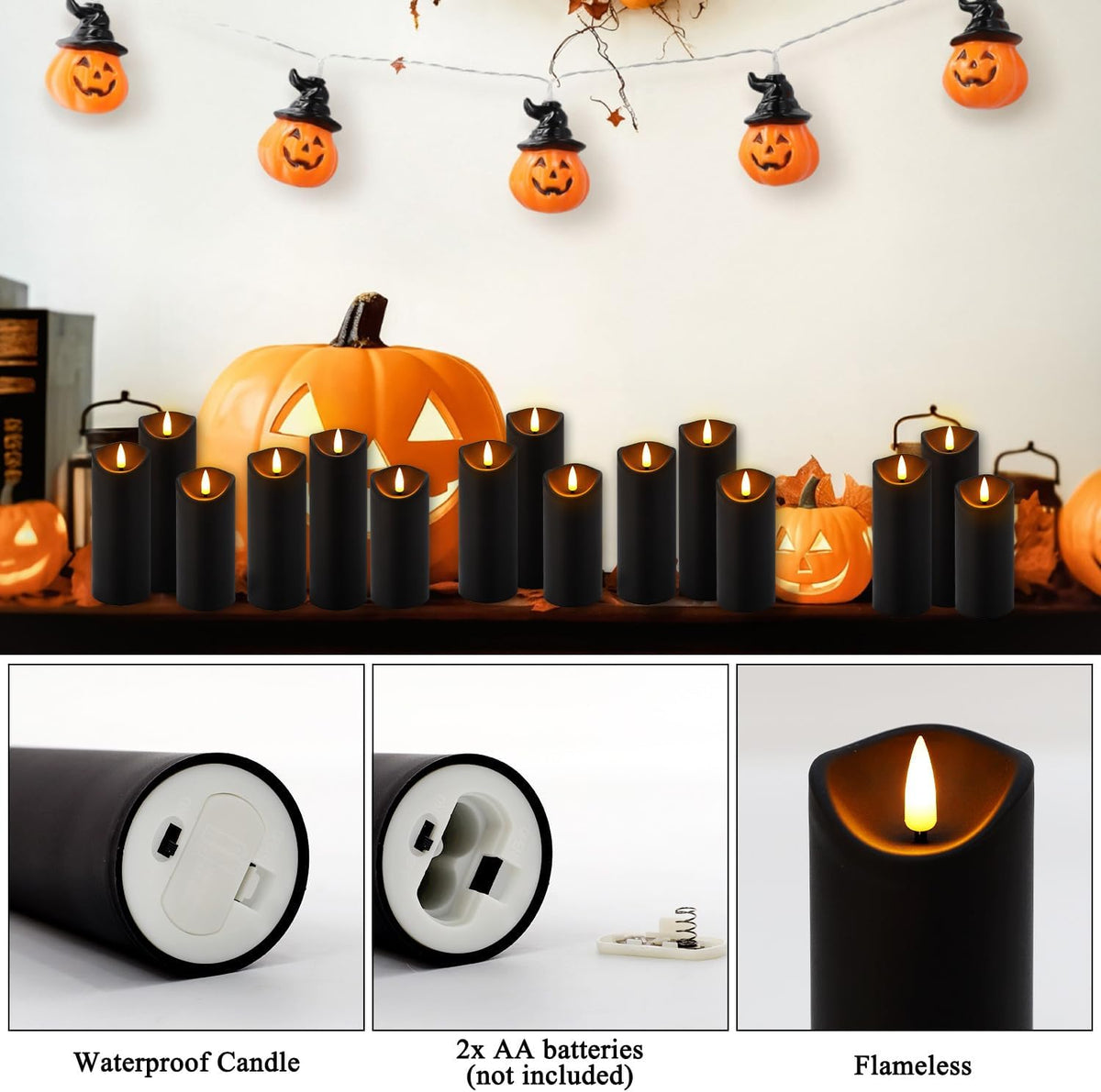24 Pack Halloween Decoration Flickering Flameless Candles, Battery Operated LED Pillar Candles with Remote Control and Timer.For Home Decor (D2.2 Xh 5" 6" 7" Black)
