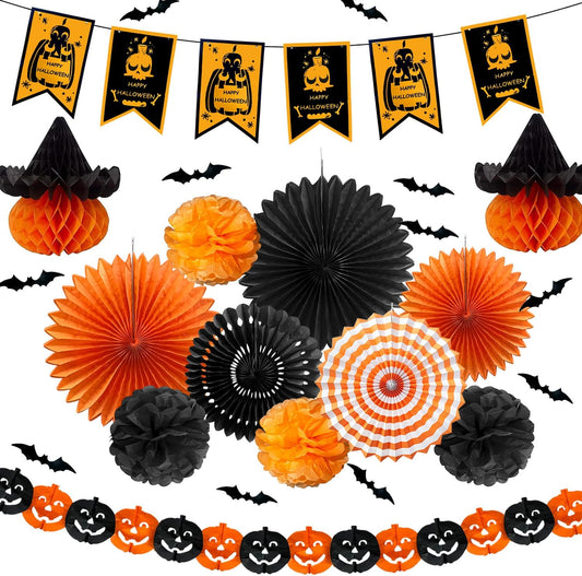 Halloween Party Decoration Set: Paper Fan Flowers, Hanging Swirls, and Happy Pumpkin Banner