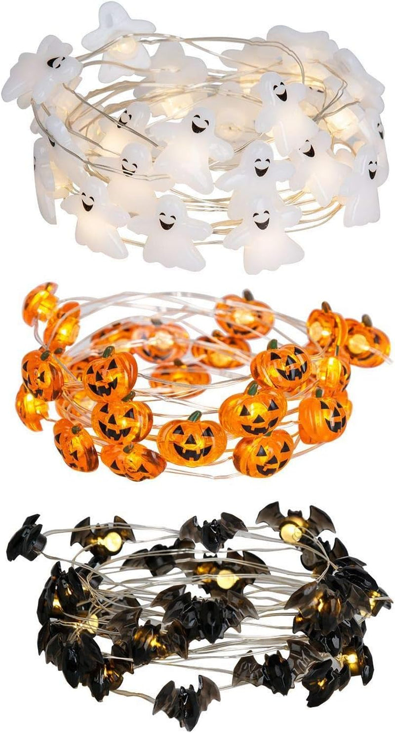 Halloween Lights Set of 3 Themed Fairy Lights with 30 LED Pumpkin Bat and Ghost Indoor Halloween Decorations Battery Powered with 8 Lighting Modes Waterproof Decor for Indoor and Outdoor