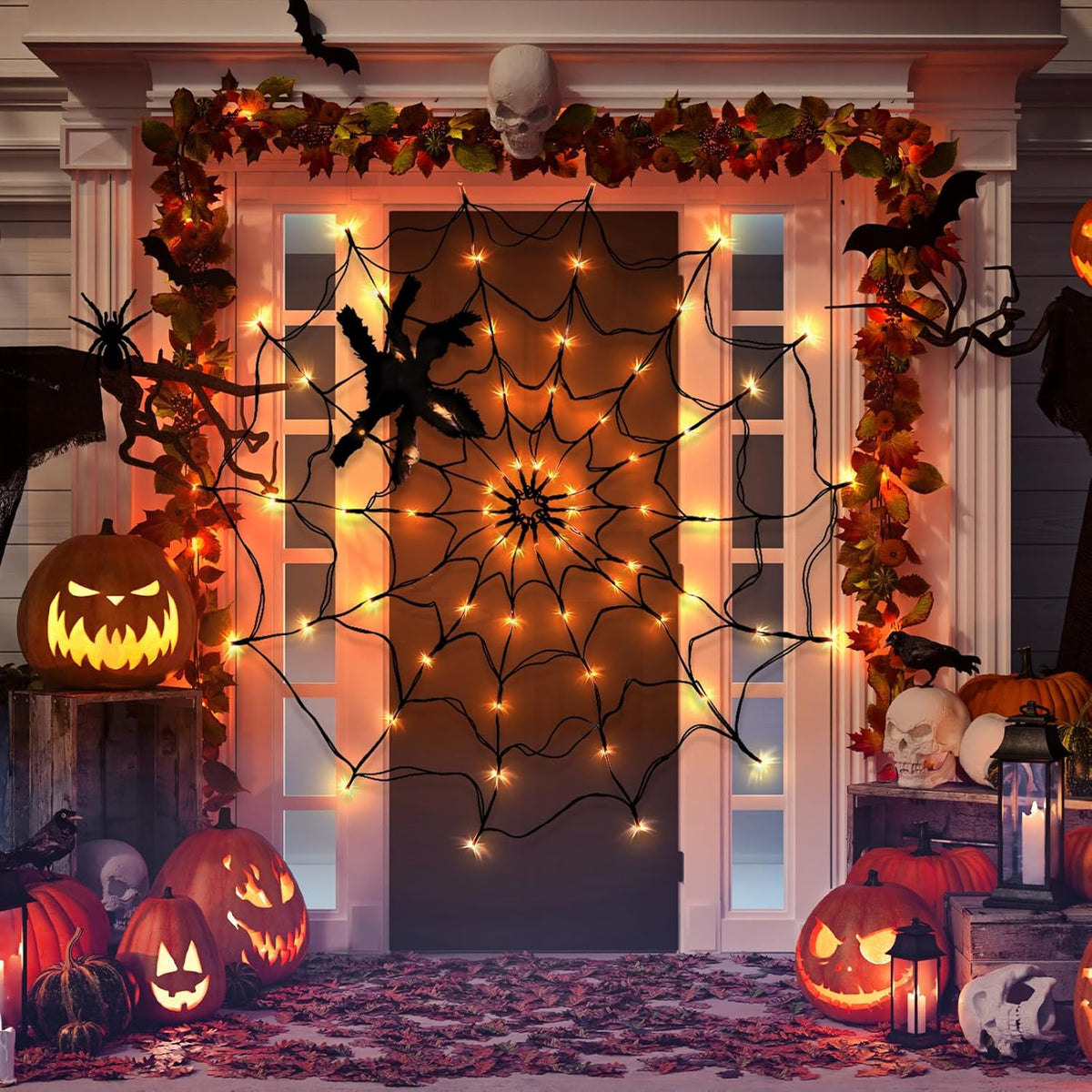 Halloween Decorations  Halloween Spider Web Lights with Plush Spider - Spooky Indoor Light-Up Decorations for Kids Party Haunted House Window Decor (3FT/100CM）