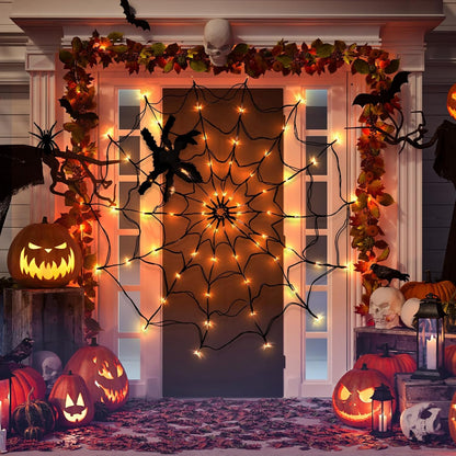 Halloween Decorations  Halloween Spider Web Lights with Plush Spider - Spooky Indoor Light-Up Decorations for Kids Party Haunted House Window Decor (3FT/100CM）