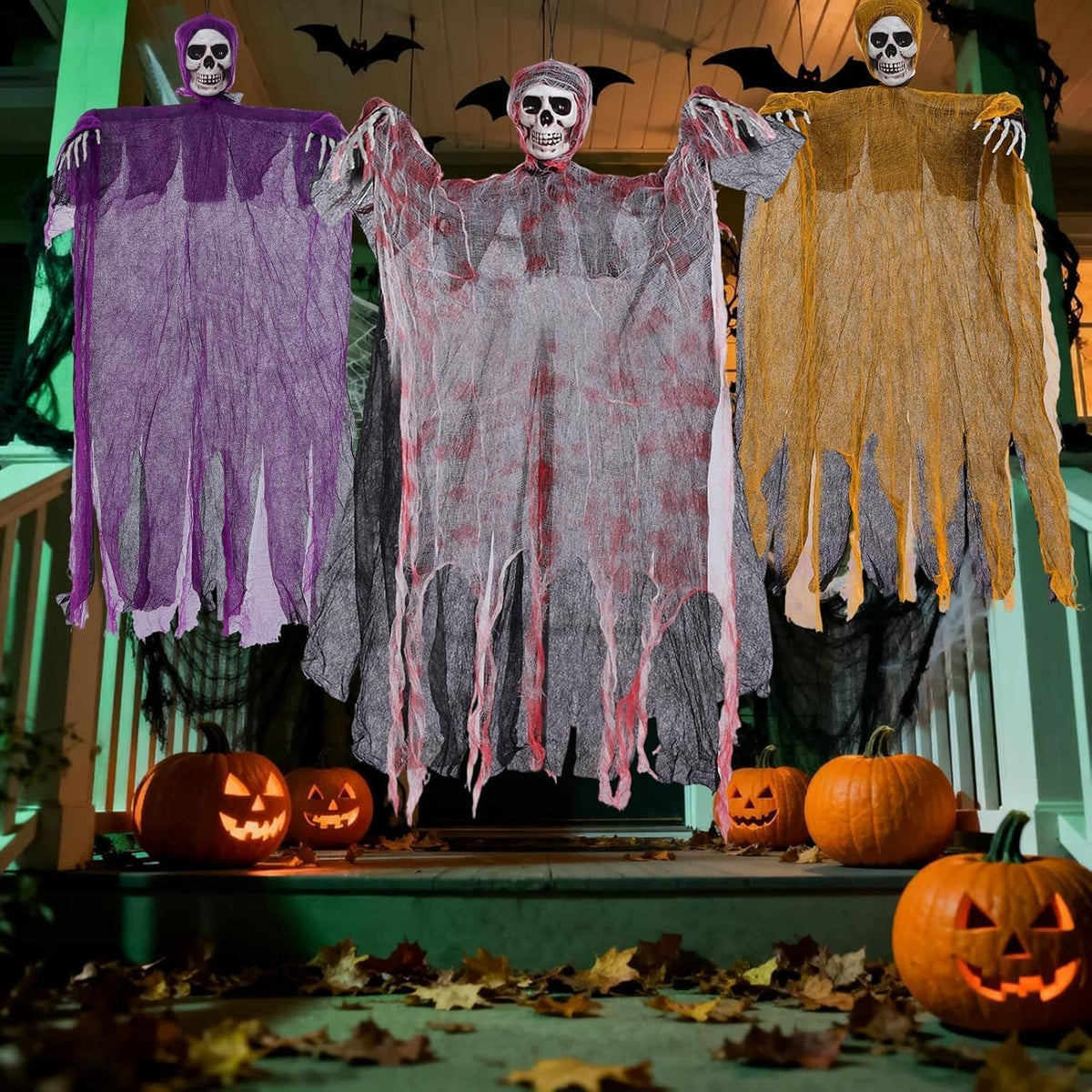 Hanging Halloween Decorations Outdoor Skeleton Ghost with 8 Modes Lights, Halloween Lighted Skeleton Ghost Set, 3 Pack 80Cm Ghosts Haloween Decor,Bloody Specter for Door outside Halloween Party Decor
