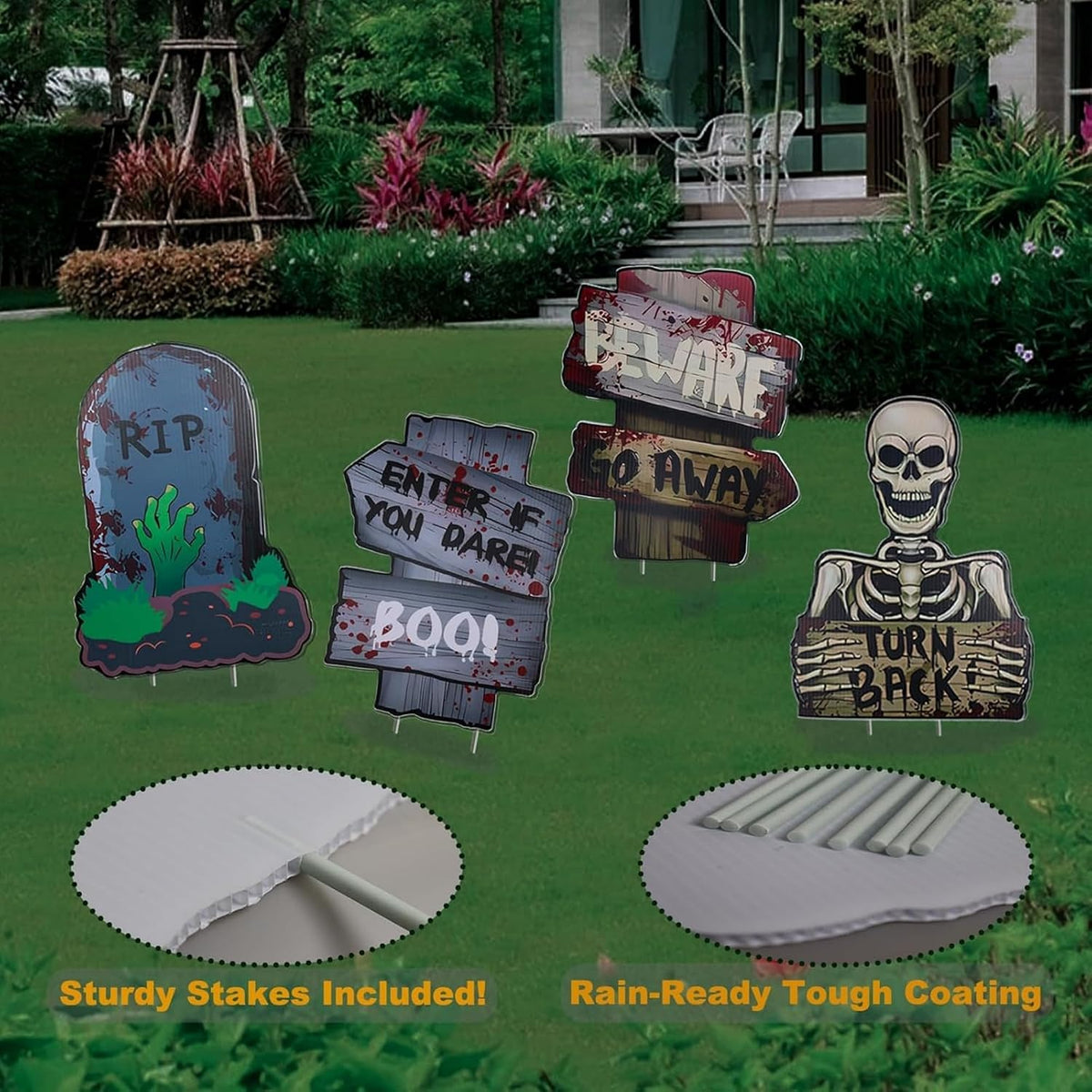 4 Pack Reusable Halloween Yard Signs – Waterproof Outdoor Garden Decorations, Medium Size 28 * 21Cm Spooky Ghost Stake Signs for Haunted House or Lawn (Medium Size -4 Pcs)