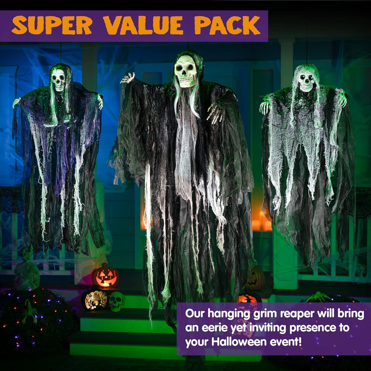 3 Pack Hanging Halloween Skeleton Ghosts Decorations, Grim Reapers for Halloween Outdoor Decorations