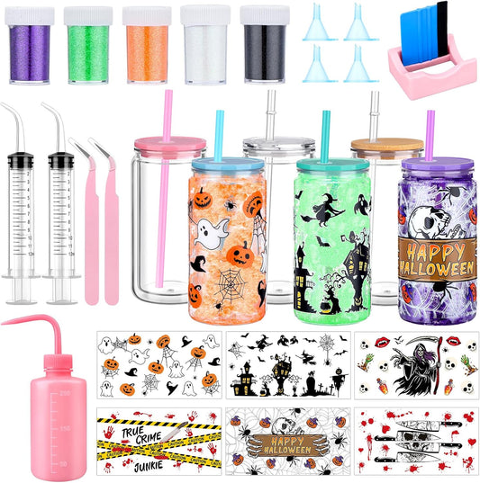 28 Pcs Halloween DIY Snow Globe Tumbler Kit 16 Oz Double Wall Acrylic Cups