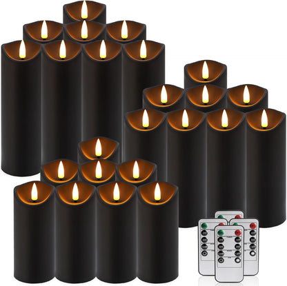 24 Pack Halloween Decoration Flickering Flameless Candles, Battery Operated LED Pillar Candles with Remote Control and Timer.For Home Decor (D2.2 Xh 5" 6" 7" Black)