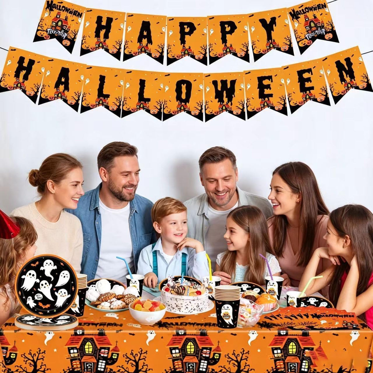 54Pcs Halloween Party Tableware Decorations Halloween Party Decorations Table Cloth ,Banner,Paper Napkins,7Inch Paper Plates Dinnerware Set for Halloween Theme Table Party Favor