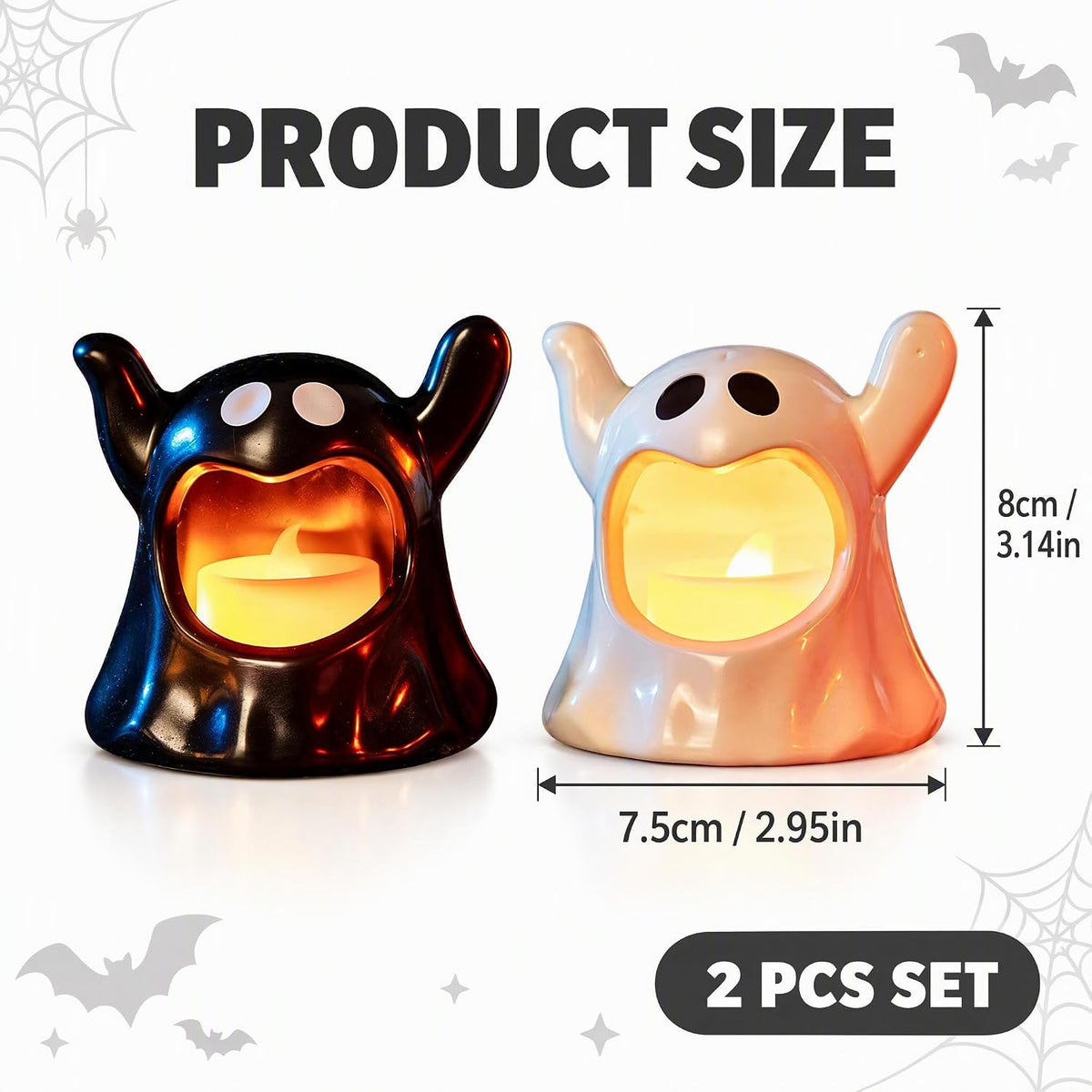 Set of 2 Battery-Operated Black and White Halloween Ghost Candle Holders for Table Decoration