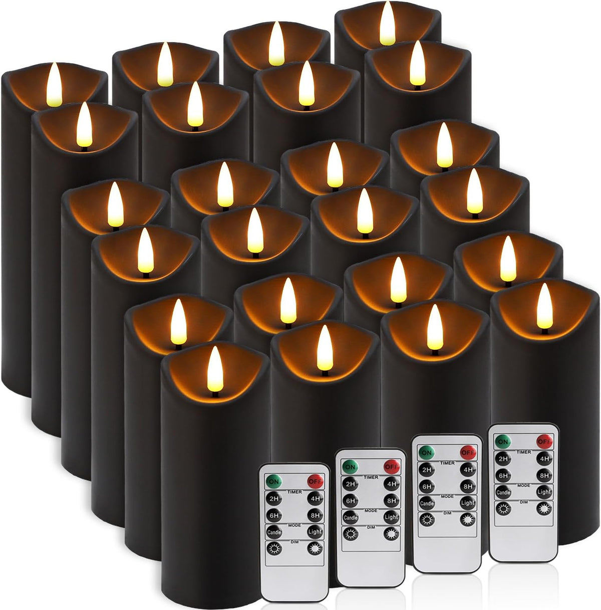 24 Pack Halloween Decoration Flickering Flameless Candles, Battery Operated LED Pillar Candles with Remote Control and Timer.For Home Decor (D2.2 Xh 5" 6" 7" Black)