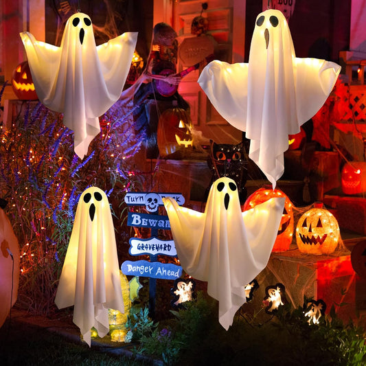 4 Pack Halloween Ghost Decorations with LED Lights,Light up Hanging Ghost Decor for Halloween Party Indoor Outdoor,Spooky Yard Garden Porch Tree Window Decorations,Battery Operated
