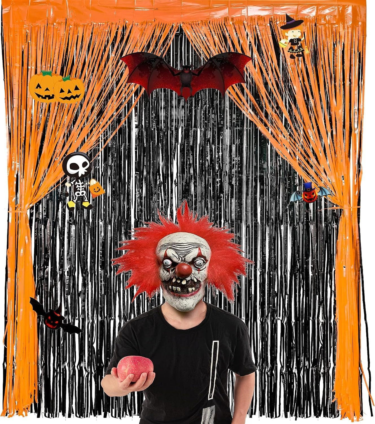 Halloween Party Decorations Black Orange Foil Fringe Curtain - 2PCS 3.3 X 8.2 Ft Metallic Tinsel Curtains Photo Booth Backdrop, Room Decor for Halloween Pumpkin Costumes Family Party