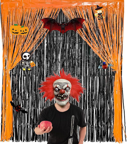 Halloween Party Decorations Black Orange Foil Fringe Curtain - 2PCS 3.3 X 8.2 Ft Metallic Tinsel Curtains Photo Booth Backdrop, Room Decor for Halloween Pumpkin Costumes Family Party