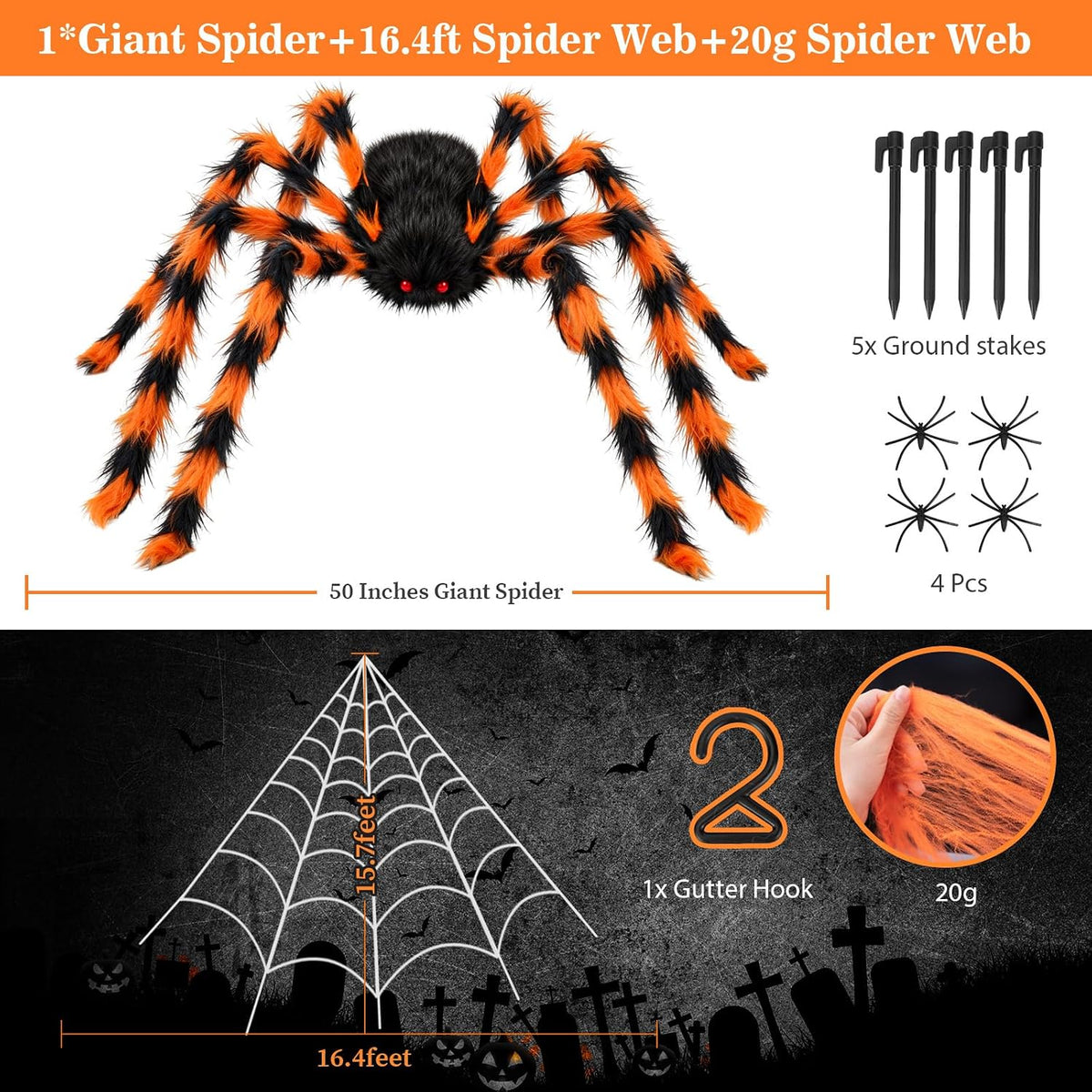 Halloween Decorations Spider Web, 50'' Giant Spider + 200'' Triangular Giant Spider Web and 20G Spider Web, Halloween Spider for Indoor Outdoor Scary Haunted House Spider Web Party Halloween Yard