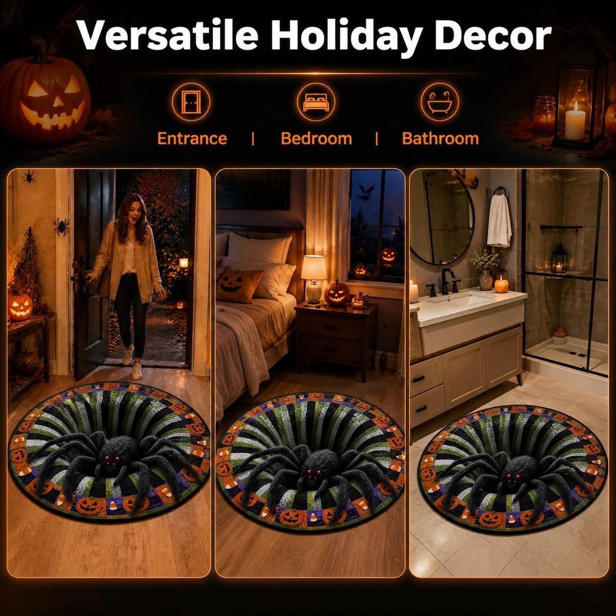 Halloween 3D Rug, 3Doptical Illusion Skeleton Abyss round Area Rug, Spooky Indoor Floor Mat for Living Room Bedroom Entryway and Halloween Party Decor (80 * 80Cm) (Rug-12)
