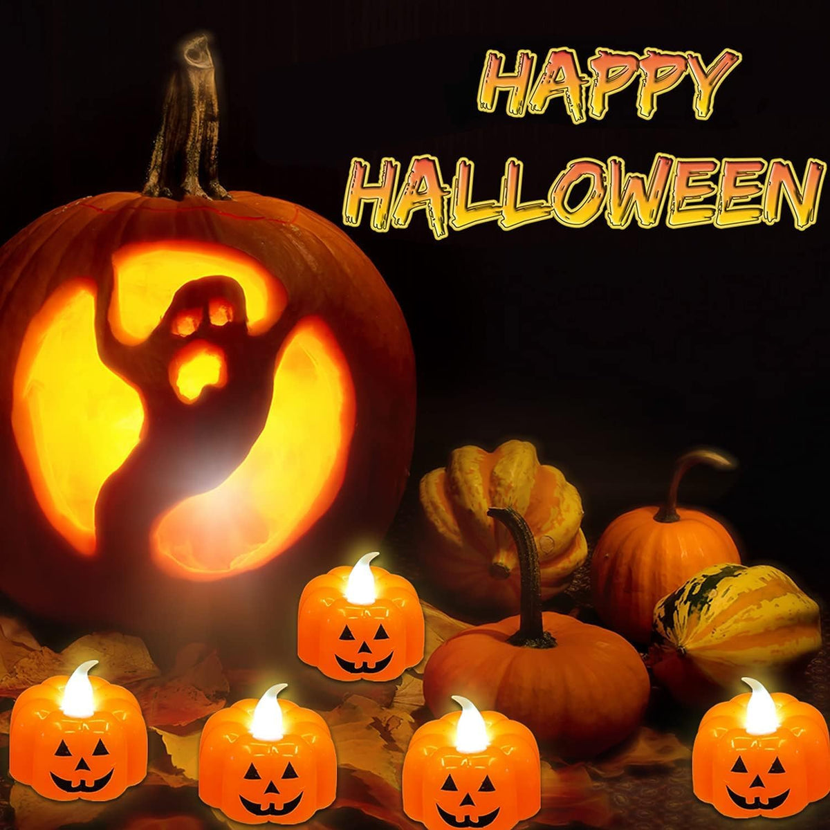 12PCS Pumpkin Tealights Candles Flameless Halloween Party Decorations, Flickering Candle Lights Battery Operated LED Tea Lights - 3D Orange Lanterns Candles for Halloween Parties