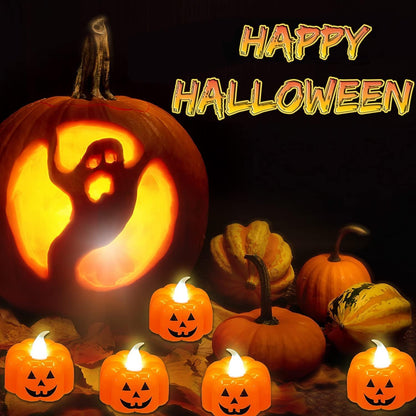 12PCS Pumpkin Tealights Candles Flameless Halloween Party Decorations, Flickering Candle Lights Battery Operated LED Tea Lights - 3D Orange Lanterns Candles for Halloween Parties