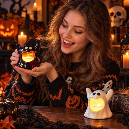 Set of 2 Battery-Operated Black and White Halloween Ghost Candle Holders for Table Decoration