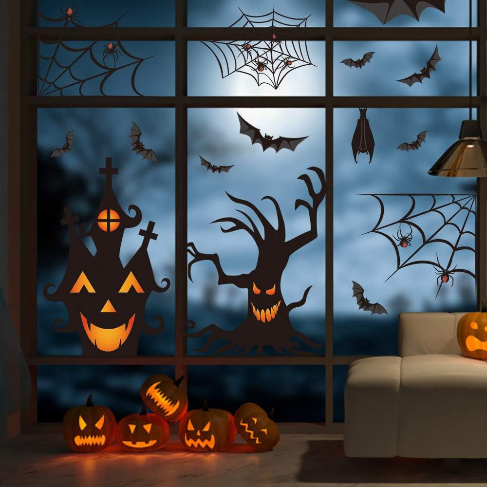 Halloween Window Clings - Set of 7 Sheets Featuring Bats and Spiders Decals