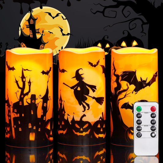 Halloween Flameless Candles Outrdoor, Orange, Set of 3, D3” X H6”