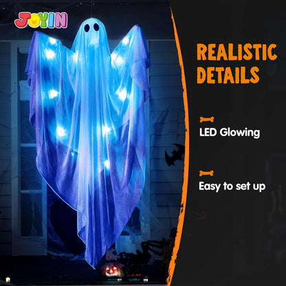 Halloween Hanging Light up Ghost with Spooky Blue LED Light, 47” White Hanging Ghosts, Best Halloween Hanging Decoration for Front Yard Patio Lawn Garden Party Decor Indoor Outdoor